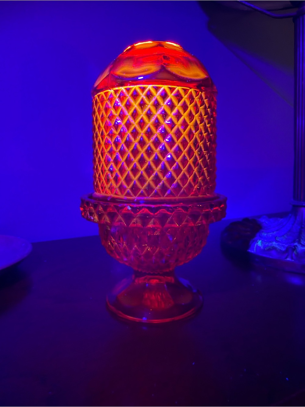 Vintage Viking Glass Ruby Red Diamond Point Glimmer Fairy Lamp MCM Cadmium Glow